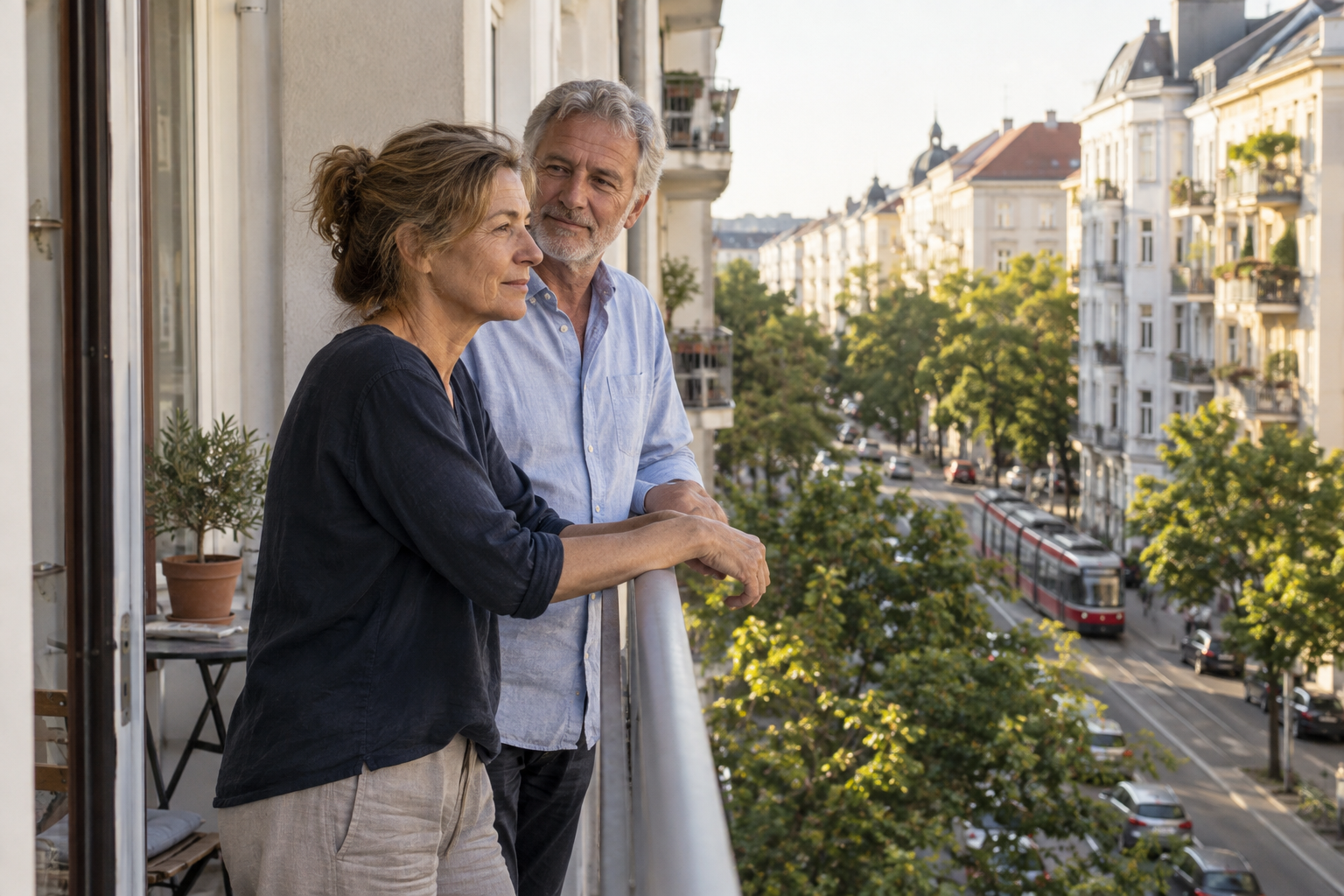 Ehepaar blickt vom Balkon einer Stadtwohnung in die Nachbarschaft